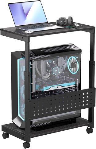 Computer Tower Stand/PC Tower Stand with Wheels, Dual Tier & 5-Level Adjustable CPU Holder Cart (23.2-33.5") — Under Desk Floor PC Stand for Gaming & Home Office [Black] in Saudi Arabia