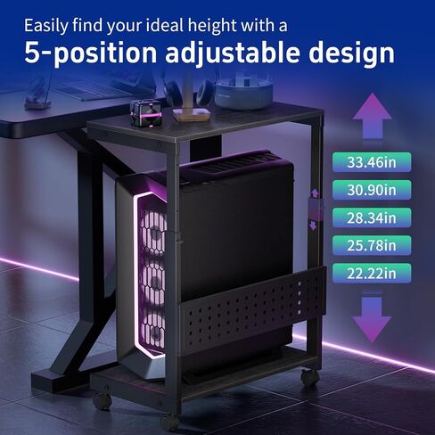 Computer Tower Stand/PC Tower Stand with Wheels, Dual Tier & 5-Level Adjustable CPU Holder Cart (23.2-33.5") — Under Desk Floor PC Stand for Gaming & Home Office [Black] in Saudi Arabia