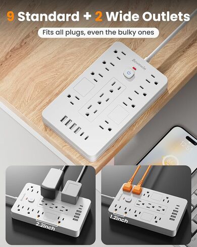Surge Protector Power Strip - 11 Outlets(1850W/15A) with 6 USB Ports(2 USB C), 6FT Flat Plug Extension Cord, Wall Mount, Black, ETL Listed for Home, Dorm Room in Saudi Arabia