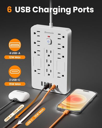 Surge Protector Power Strip - 11 Outlets(1850W/15A) with 6 USB Ports(2 USB C), 6FT Flat Plug Extension Cord, Wall Mount, Black, ETL Listed for Home, Dorm Room in Saudi Arabia