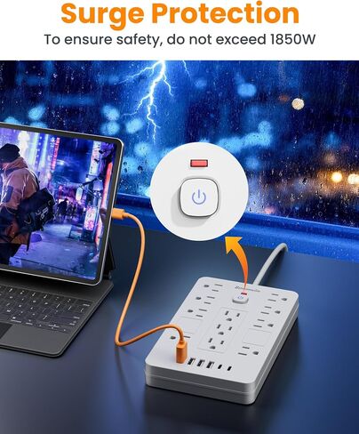 Surge Protector Power Strip - 11 Outlets(1850W/15A) with 6 USB Ports(2 USB C), 6FT Flat Plug Extension Cord, Wall Mount, Black, ETL Listed for Home, Dorm Room in Saudi Arabia