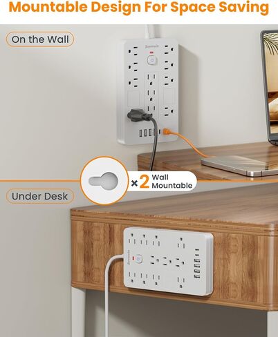 Surge Protector Power Strip - 11 Outlets(1850W/15A) with 6 USB Ports(2 USB C), 6FT Flat Plug Extension Cord, Wall Mount, Black, ETL Listed for Home, Dorm Room in Saudi Arabia