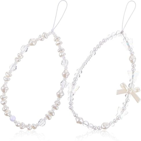 2 Pcs Beaded Charms Strap, Cute Phone Charms Strap, Beaded Camera Wrist Straps, Pearl Butterfly Flower Phone Charm, Wrist Lanyard Straps for Keychain Wallet Pendant Decor in Kuwait