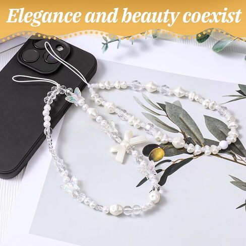 2 Pcs Beaded Charms Strap, Cute Phone Charms Strap, Beaded Camera Wrist Straps, Pearl Butterfly Flower Phone Charm, Wrist Lanyard Straps for Keychain Wallet Pendant Decor in Kuwait