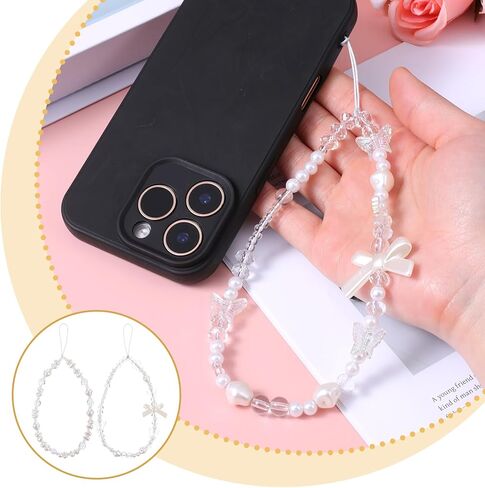 2 Pcs Beaded Charms Strap, Cute Phone Charms Strap, Beaded Camera Wrist Straps, Pearl Butterfly Flower Phone Charm, Wrist Lanyard Straps for Keychain Wallet Pendant Decor in Kuwait