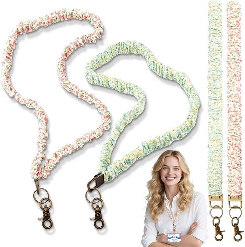 2 Pack Cottagecore-style Scrunchie Lanyards for ID Badges and Keys - Pink & Green Floral Print Retractable Keychain Neck Stretchy Lanyard with Clip Closure for Teachers, Nurses, School, Office in Saudi Arabia