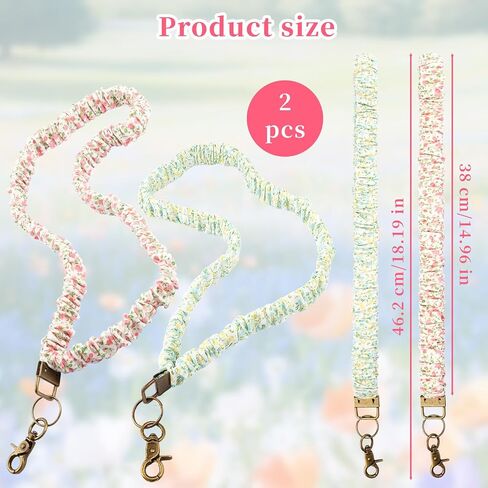 2 Pack Cottagecore-style Scrunchie Lanyards for ID Badges and Keys - Pink & Green Floral Print Retractable Keychain Neck Stretchy Lanyard with Clip Closure for Teachers, Nurses, School, Office in Saudi Arabia