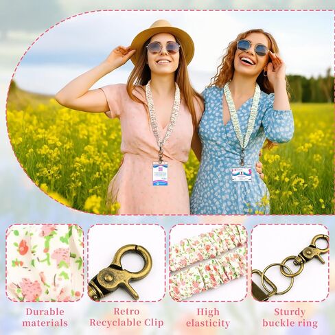 2 Pack Cottagecore-style Scrunchie Lanyards for ID Badges and Keys - Pink & Green Floral Print Retractable Keychain Neck Stretchy Lanyard with Clip Closure for Teachers, Nurses, School, Office in Saudi Arabia