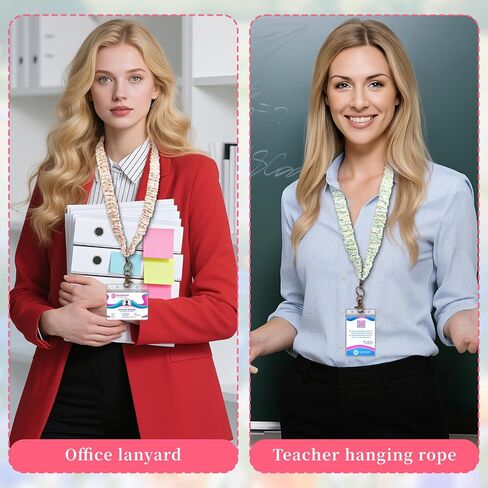 2 Pack Cottagecore-style Scrunchie Lanyards for ID Badges and Keys - Pink & Green Floral Print Retractable Keychain Neck Stretchy Lanyard with Clip Closure for Teachers, Nurses, School, Office in Saudi Arabia