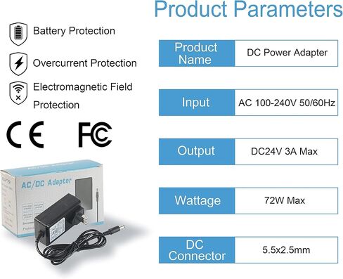 24V 3A Power Supply 72W AC Adapter Power Cord 100-240V 50-60Hz to DC 24 Volt 3 Amp Transformer 2A 1A Converter with 5.5x2.1mm DC Barrel for LED Strip Module Light, CCTV Camera System in Saudi Arabia