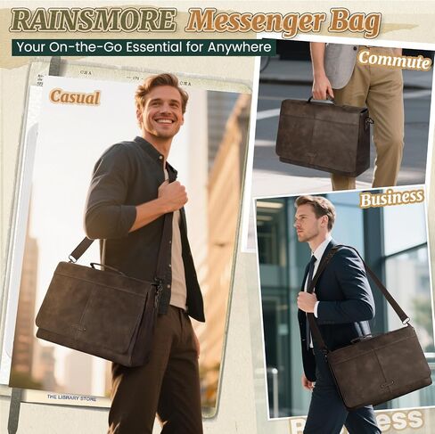 RAINSMORE Vintage Flap Messenger Bag for Men PU Leather Laptop Bag 15.6 Inch Mens Briefcase Waterproof Satchel Computer Bag in Saudi Arabia