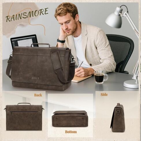 RAINSMORE Vintage Flap Messenger Bag for Men PU Leather Laptop Bag 15.6 Inch Mens Briefcase Waterproof Satchel Computer Bag in Saudi Arabia
