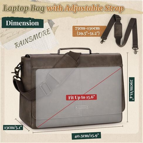 RAINSMORE Vintage Flap Messenger Bag for Men PU Leather Laptop Bag 15.6 Inch Mens Briefcase Waterproof Satchel Computer Bag in Saudi Arabia