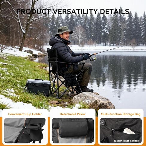 كراسي تخييم مُدفأة للبالغين، 3 مستويات تسخين للظهر والمقعد، كراسي تخييم قابلة للطي مع حاملات أكواب ووسادة للرياضات الخارجية، والتخييم، والفناء، والنزهات، والبطارية غير متضمنة، كحلي in Kuwait