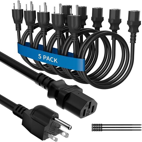 Adoreen Computer TV Monitor Replacement Power Cord 3 Ft/5 Pack, 3-Prong AC Universal Power Supply Cable 5-15P to IEC 320 C13 C14, SJT 18AWG 10A/125V for Treadmill Printer,PC,Desktop+Ties-ETL-White in Saudi Arabia