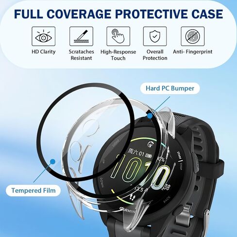 عبوتان من حافظة حماية شاشة الساعة الذكية للساعة الذكية Garmin Forerunner 165 & 165، تغطية كاملة عالية الدقة ورفيعة للغاية مقاومة للخدش، منفذ شاحن + حماية صلبة من البولي كربونات مع طبقة مقسى مدمجة (شفاف) in Kuwait
