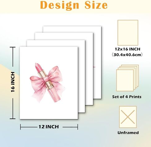 JINYO Coquette Pink Bow Lipstick Makeup Brush Sunglasses Perfume Wall Art Prints Set of 4, Preppy Girly Pink Wall Decor Posters Pictures for Girls Room Bathroom Apartment, 8x10 Unframed in Kuwait