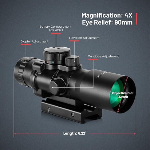 Hantoptik 4X32 Prism Scope Red & Green &Blue Illuminated Etched Reticle 4X Magnification Prism Sight Scope 20mm with Picatinny Rail Mount in Kuwait