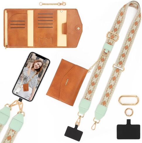 ZOPPEN Clip and Go Strap for Phone with Wallet Crossbody, Phone Lanyard Strap Crossbody Compatible with All Phones, Brown Wallet with Multicolor Floral Pattern in Saudi Arabia