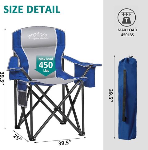 Camping Chairs for Adults Heavy Duty 500lbs Capacity, High Back Folding Chair with Thickened Steel Frame, Padded Portable Outside Chair with Cooler Bag, Cup Holder & Side Pocket, Blue, 2 Pack in Kuwait