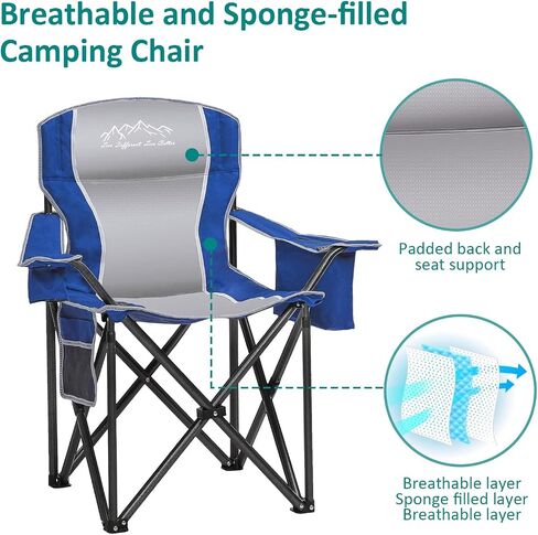Camping Chairs for Adults Heavy Duty 500lbs Capacity, High Back Folding Chair with Thickened Steel Frame, Padded Portable Outside Chair with Cooler Bag, Cup Holder & Side Pocket, Blue, 2 Pack in Kuwait