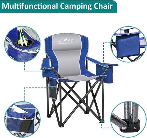 Camping Chairs for Adults Heavy Duty 500lbs Capacity, High Back Folding Chair with Thickened Steel Frame, Padded Portable Outside Chair with Cooler Bag, Cup Holder & Side Pocket, Blue, 2 Pack in Kuwait