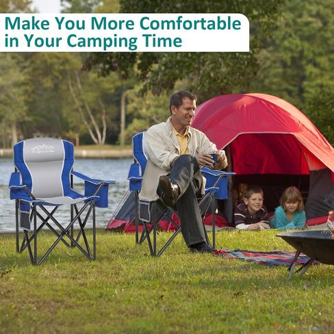 Camping Chairs for Adults Heavy Duty 500lbs Capacity, High Back Folding Chair with Thickened Steel Frame, Padded Portable Outside Chair with Cooler Bag, Cup Holder & Side Pocket, Blue, 2 Pack in Kuwait