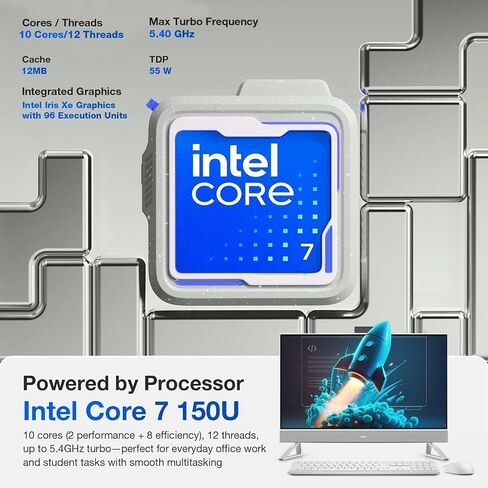 كمبيوتر مكتبي Dell Inspiron 7730 الكل في واحد، شاشة لمس FHD 27 بوصة، Intel Core 7-150U (حتى 5.4 جيجا هرتز)، GeForce MX570A، WiFi 6E، لوحة مفاتيح وماوس لاسلكي، Windows 11 Pro، ملحقات (64 جيجابايت رام، 4 تيرابايت SSD) in Saudi Arabia