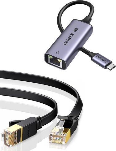كابل إيثرنت UGREEN Cat 7 Cat7 عالي السرعة مسطح جيجابت RJ45 LAN مع محول USB C إلى إيثرنت 2.5 جيجا متوافق مع MacBook Air/Pro، XPS، iPhone 15/Plus/Pro/Max in Kuwait
