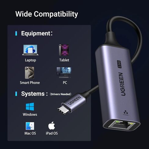 كابل إيثرنت UGREEN Cat 7 Cat7 عالي السرعة مسطح جيجابت RJ45 LAN مع محول USB C إلى إيثرنت 2.5 جيجا متوافق مع MacBook Air/Pro، XPS، iPhone 15/Plus/Pro/Max in Kuwait