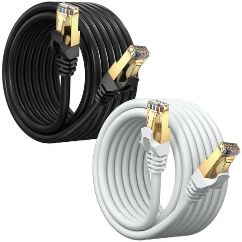 كابل إيثرنت Cat 7 بطول 1 قدم - (عبوتان) كابلات تصحيح Cat7 للإنترنت والشبكة المحلية عالية السرعة، وموصلات RJ45 - مثالية للألعاب والبث والمزيد (أسود وأبيض) in Kuwait