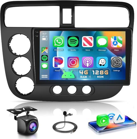 راديو ستيريو للسيارة Honda Civic 2001 2002 2003 2004 2005 مع Apple CarPlay اللاسلكي Android Auto 9 بوصة شاشة لمس Android راديو بلوتوث مع ملاحة GPS واي فاي كاميرا احتياطية وميكروفون HiFi Audio SWC in Kuwait
