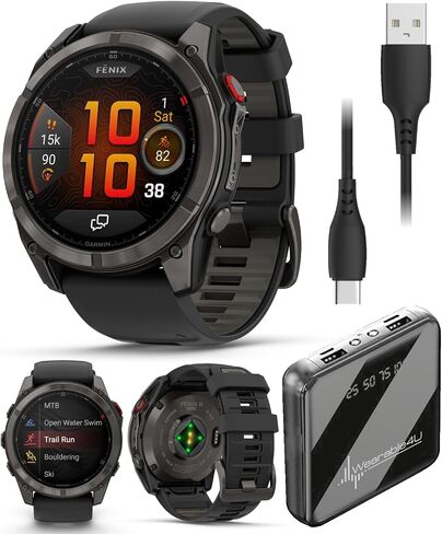 Garmin Fenix 8 Pro - 51mm AMOLED Premium Connected Multisport GPS Smartwatch, inReach Technology, Sapphire, Titanium with Graphite/Black Silicone Band w PowerBank Bundle in Kuwait