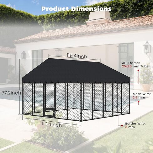 بيت كلب كبير خارجي مقاس 10 × 10 × 6.4 قدم مع سقف، سياج معدني شديد التحمل مضاد للصدأ للكلاب مقاوم لجميع الأحوال الجوية، أقفال مزدوجة آمنة للكلاب الكبيرة في الخارج in Kuwait