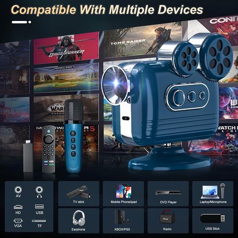 Smart support for 4K projectors,Comes with a mini stand ,Mini Projector with Stereo Speaker,1080P Full HD Portable Projector, Compatible with TV Stick Smartphone/ pc/USB (No Apps) in Saudi Arabia