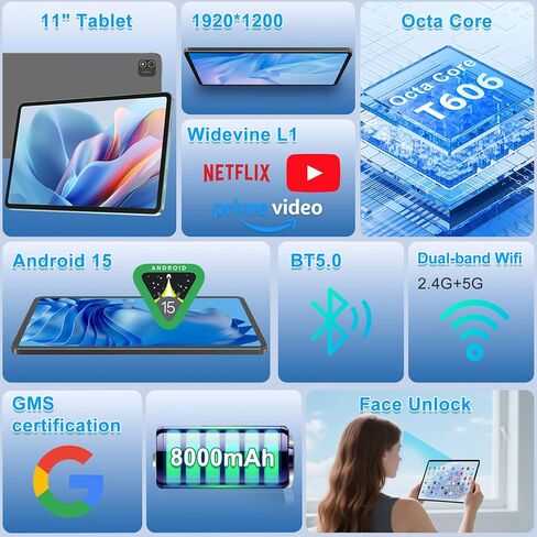 Android 15 Tablet 12 inch, AI Tablet with 2000 × 1200 Display, Octa-Core Up to 2.0GHZ, Tablets Computer with 20GB RAM & 128GB RAM 1TB Expand, 8000 mAh & 20 PD Charger, WiFi 6, BT5.0, Support GPS in Kuwait