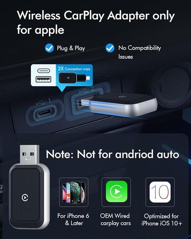 محول CarPlay اللاسلكي لهواتف iPhone، تحويل سلكي إلى لاسلكي، التوصيل والتشغيل، محول USB صغير، اتصال تلقائي سريع، متوافق مع iPhone 6+ (iOS 10+) و2016+ سيارات in Kuwait