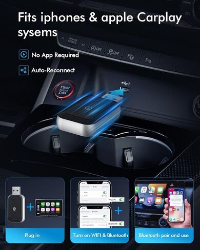 محول CarPlay اللاسلكي لهواتف iPhone، تحويل سلكي إلى لاسلكي، التوصيل والتشغيل، محول USB صغير، اتصال تلقائي سريع، متوافق مع iPhone 6+ (iOS 10+) و2016+ سيارات in Kuwait