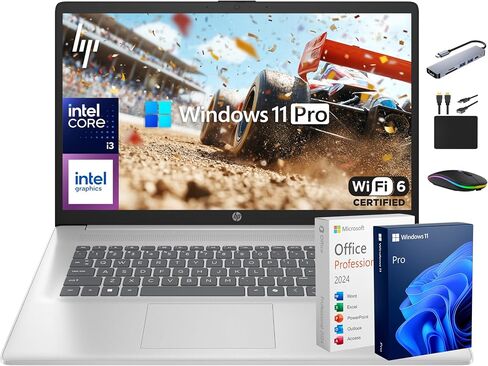HP 17 Laptop Business 2025، Lifetime MS Office، كمبيوتر 17.3 بوصة HD+، معالج Intel i3 ثماني النواة، ذاكرة الوصول العشوائي 16 جيجابايت، تخزين 1.5 تيرابايت (1 تيرابايت SSD + 500 جيجابايت تحويلة)، Wi-Fi 6، بطارية طويلة، ملحق Marxsol، Win 11 Pro in Saudi Arabia