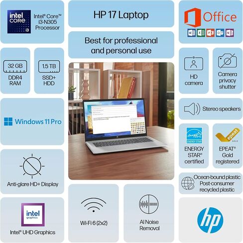 HP 17 Laptop Business 2025، Lifetime MS Office، كمبيوتر 17.3 بوصة HD+، معالج Intel i3 ثماني النواة، ذاكرة الوصول العشوائي 16 جيجابايت، تخزين 1.5 تيرابايت (1 تيرابايت SSD + 500 جيجابايت تحويلة)، Wi-Fi 6، بطارية طويلة، ملحق Marxsol، Win 11 Pro in Saudi Arabia