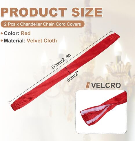 PATIKIL 2.6ft Chandelier Chain Cord Cover, 2 Pcs Velvet Cloth Fabric Chain Sleeve Decorative Cord Covers for Chandelier Wires Swing Cable, Hook and Loop Fastener Style, Red in Saudi Arabia