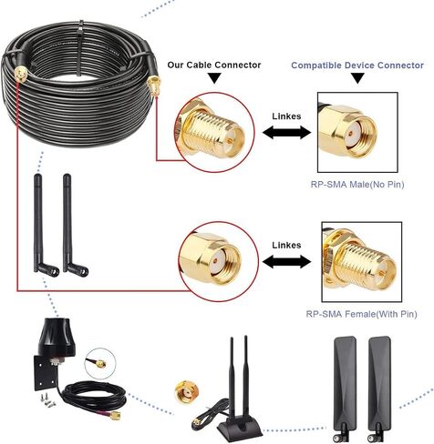 XRDS -RF RP-SMA Male to RP-SMA Female Coax Cable 10FT, RG58 WiFi Antenna Extension Coax Cable for WiFi LAN Router Wireless Network Card Adapter in Kuwait