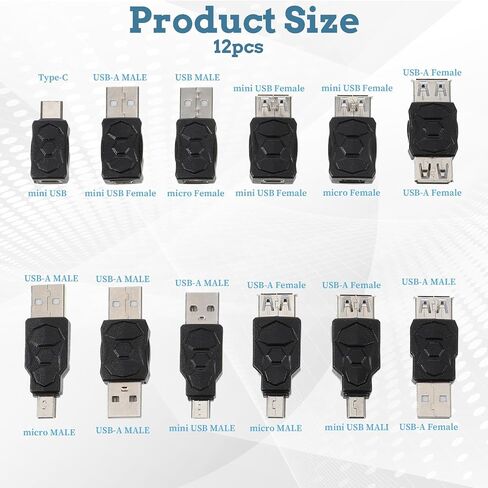 مجموعة محول USB، 12 قطعة محول USB OTG متعدد USB/Type C/Micro/Mini ذكر إلى أنثى موصل محول للكمبيوتر والكمبيوتر اللوحي والكمبيوتر الشخصي والهاتف المحمول in Kuwait