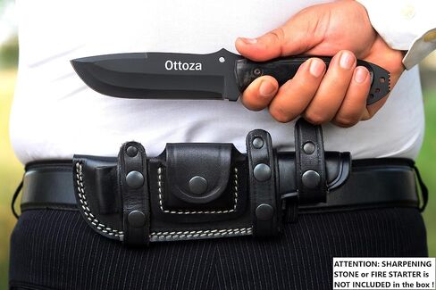 سكين صيد بشفرة ثابتة من Ottoza مع غمد جلدي وحمل أفقي - سكين بقاء وتخييم كامل في الهواء الطلق للرجال - مقبض بقرة البقر 338 in Kuwait