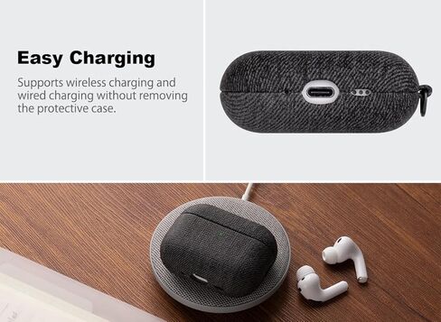 Handmade Case - for AirPods Pro 3 Case Cover - Selected Skin-Friendly Vegan Leather, Woolen Fabric Cloth Style, Drop Protective Hard Cover for AirPods Pro 3rd Generation Earbuds - Black in Kuwait