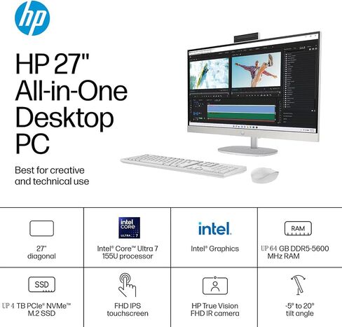 كمبيوتر مكتبي الكل في واحد بشاشة تعمل باللمس مقاس 27 بوصة من HP - وحدة معالجة مركزية Intel Ultra 7 155U (12 نواة) • شاشة FHD مضادة للتوهج • شاشة Micro-Edge ثلاثية الجوانب • Win 11 Pro • Wi-Fi 6 • لوحة مفاتيح وماوس سلكية (ذاكرة وصول عشوائي سعة 64 جيجابايت، in Saudi Arabia