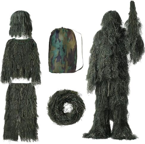 Ghillie Suit- 5 in 1 Ghillie Suit for Men, Including Jacket, Pants, Hood Camouflage Strap and Carry Bag, 3D Camouflage Hunting Apparel Suitable for Unisex Adults/Youth in Saudi Arabia