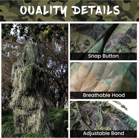 Ghillie Suit- 5 in 1 Ghillie Suit for Men, Including Jacket, Pants, Hood Camouflage Strap and Carry Bag, 3D Camouflage Hunting Apparel Suitable for Unisex Adults/Youth in Saudi Arabia
