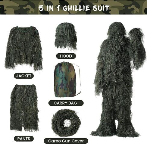 Ghillie Suit- 5 in 1 Ghillie Suit for Men, Including Jacket, Pants, Hood Camouflage Strap and Carry Bag, 3D Camouflage Hunting Apparel Suitable for Unisex Adults/Youth in Saudi Arabia