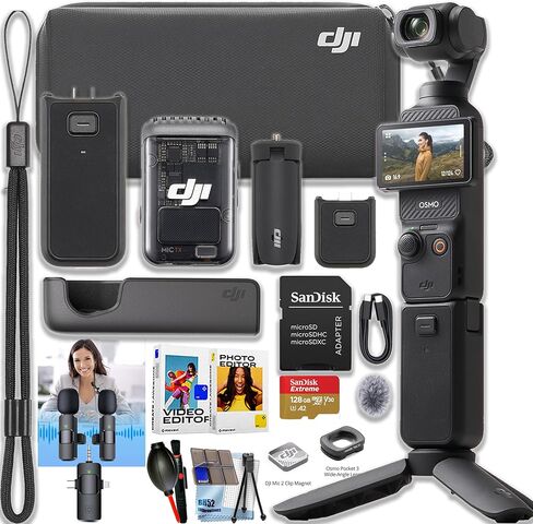 مجموعة DJI Osmo Pocket 3 Creator Combo مع جهاز إرسال/مسجل بمشبك، وعدسة زاوية واسعة، ومقبض بطارية، وحامل ثلاثي القوائم صغير، وحقيبة حمل + ميكروفون 3 في 1، وبطاقة Micro SD سعة 128 جيجابايت، ومجموعة تنظيف in Kuwait
